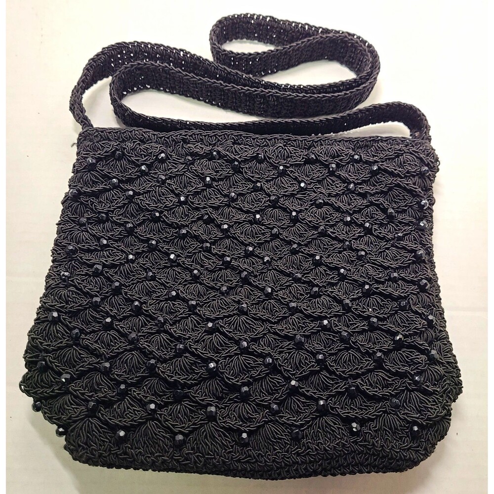 Vintage Black Beaded Crochet Shoulder Bag Purse Lined Rectangle